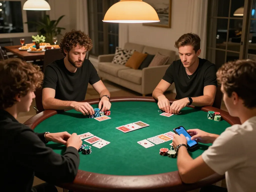 Playing TR88 bet in a warm home poker night atmosphere with friends engaged in strategic gameplay.