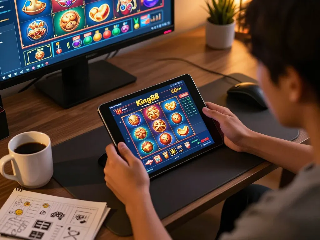 Player enjoying king88 com slot games on tablet in cozy home setting, showcasing strategy and leisure.