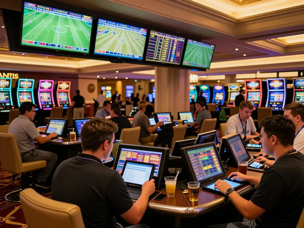 Live sports betting experience at NOWGOAL with enthusiastic bettors using tablets and smartphones.