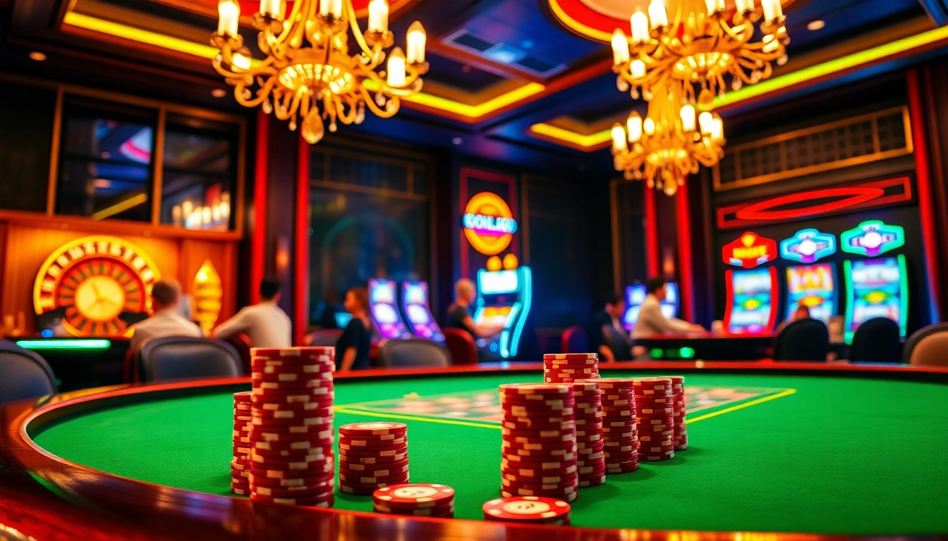 MK8 poker table with vibrant chips and players in an upscale casino scene.