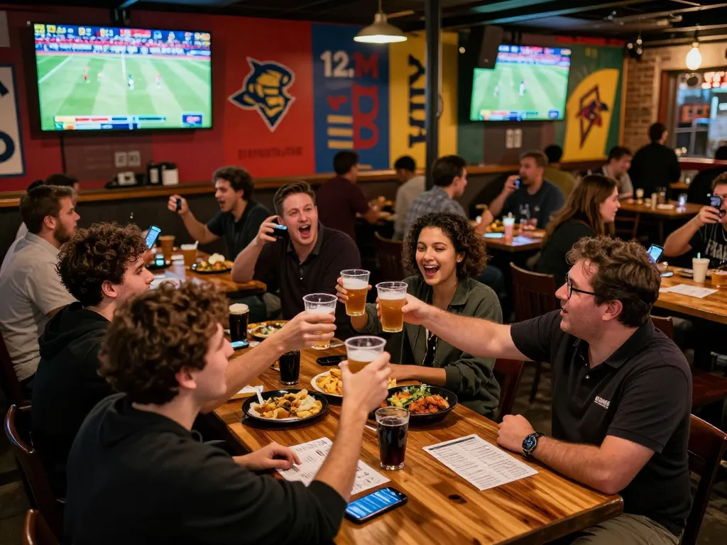 Excited fans actively placing sports bets at 789win in a lively sports bar.
