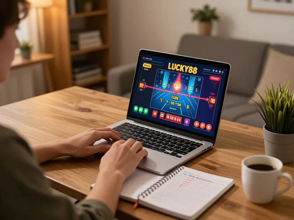 Engaging in LUCKY88 live dealer game from home, highlighting online gambling experience.