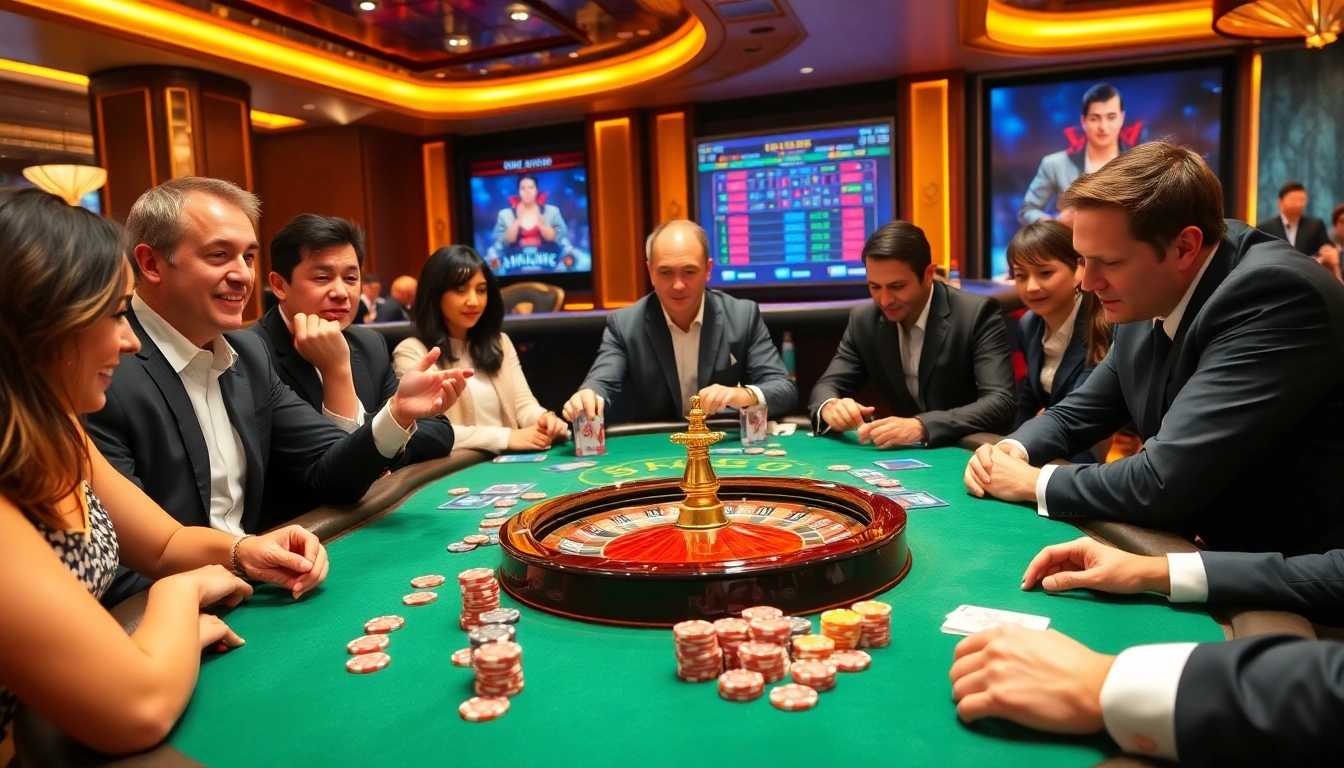 Players enjoying a thrilling game at RR 88 casino table with poker chips and cards.