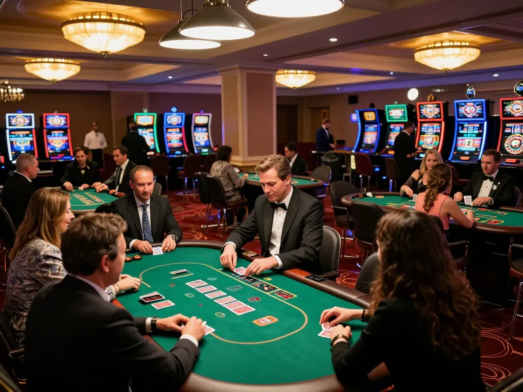 Players enjoying diverse games at LV88 casino, with dealers managing bets in an elegant setting.