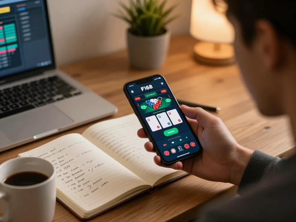 Person engaging with F168 mobile betting app in a cozy home office setting, showcasing responsible gambling.