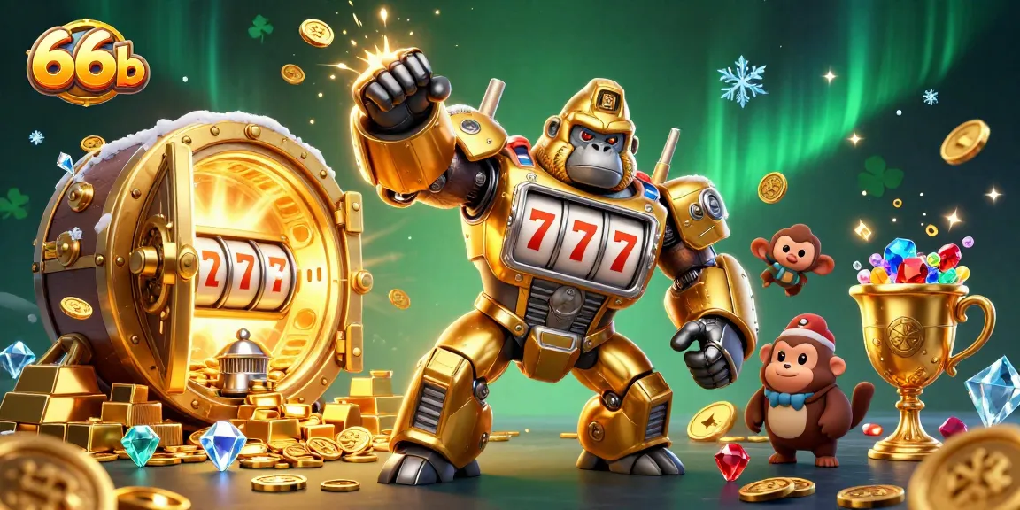 Experience thrilling wins at 66b with a dynamic 3D illustration of a playful mech surrounded by cascading coins and treasures.