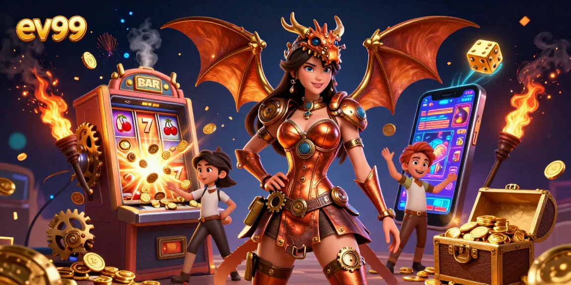 Spin the reels with ev99's energetic casino scene showcasing colorful slot machines and dynamic elements.
