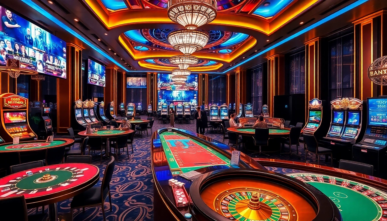 Engaging scene of players at nhà cái 888b casino tables enjoying various games with an exciting atmosphere
