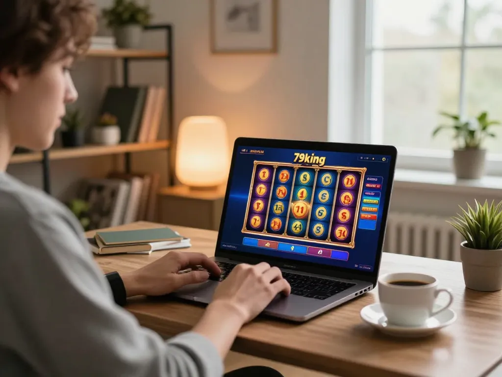 Engaged in 79king online gaming, a player enjoys slots at home with a laptop and strategy notes.