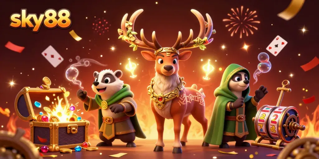 Engage with sky88's thrilling casino experience featuring vibrant characters and dynamic slot elements.