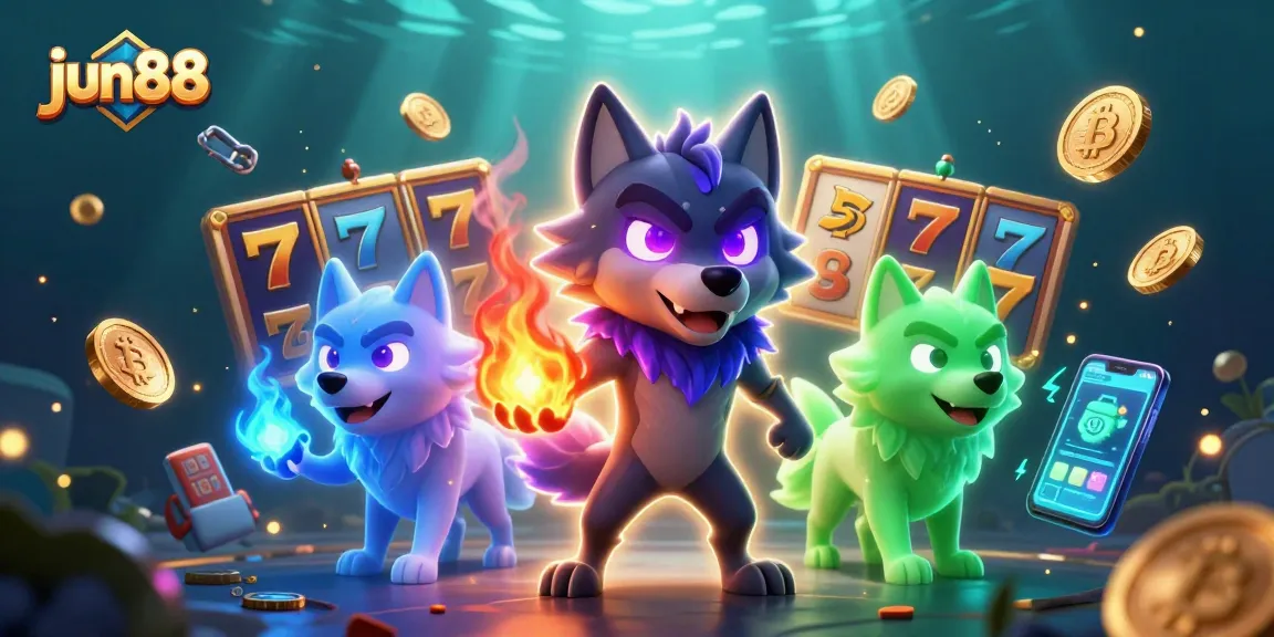 Experience the thrill of slots at jun88 with glowing wolves and vibrant casino elements.
