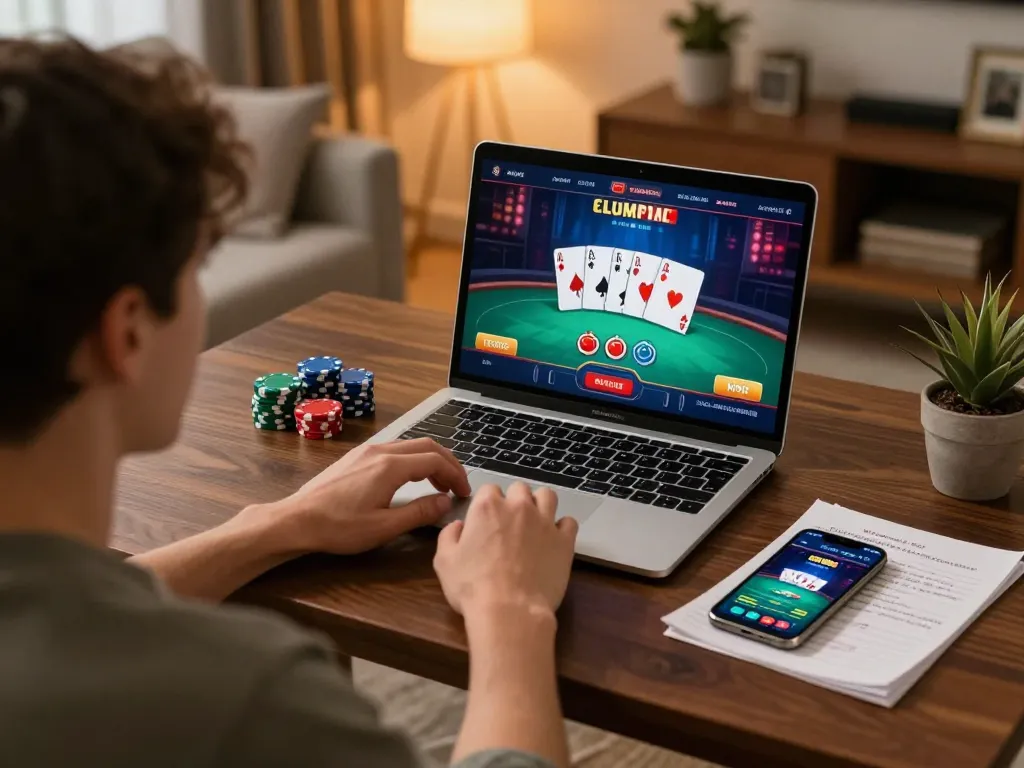 Sv368 player enjoying an online poker game on laptop while strategizing with notes