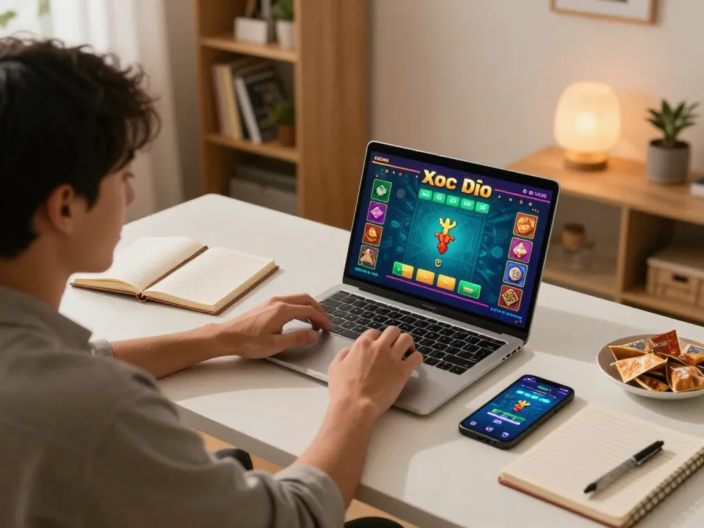 Xóc đĩa online gameplay scene showing player betting on laptop with vibrant graphics.
