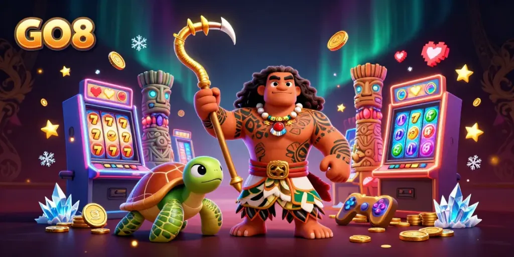 GO8's vibrant 3D casino illustration showcases a Polynesian demigod and turtle amid colorful slot machines.