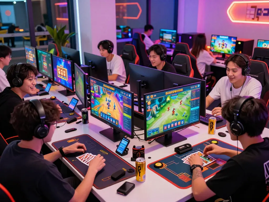 Sunwin platform's vibrant online gaming experience showcasing players enjoying card games and slots in a modern environment.