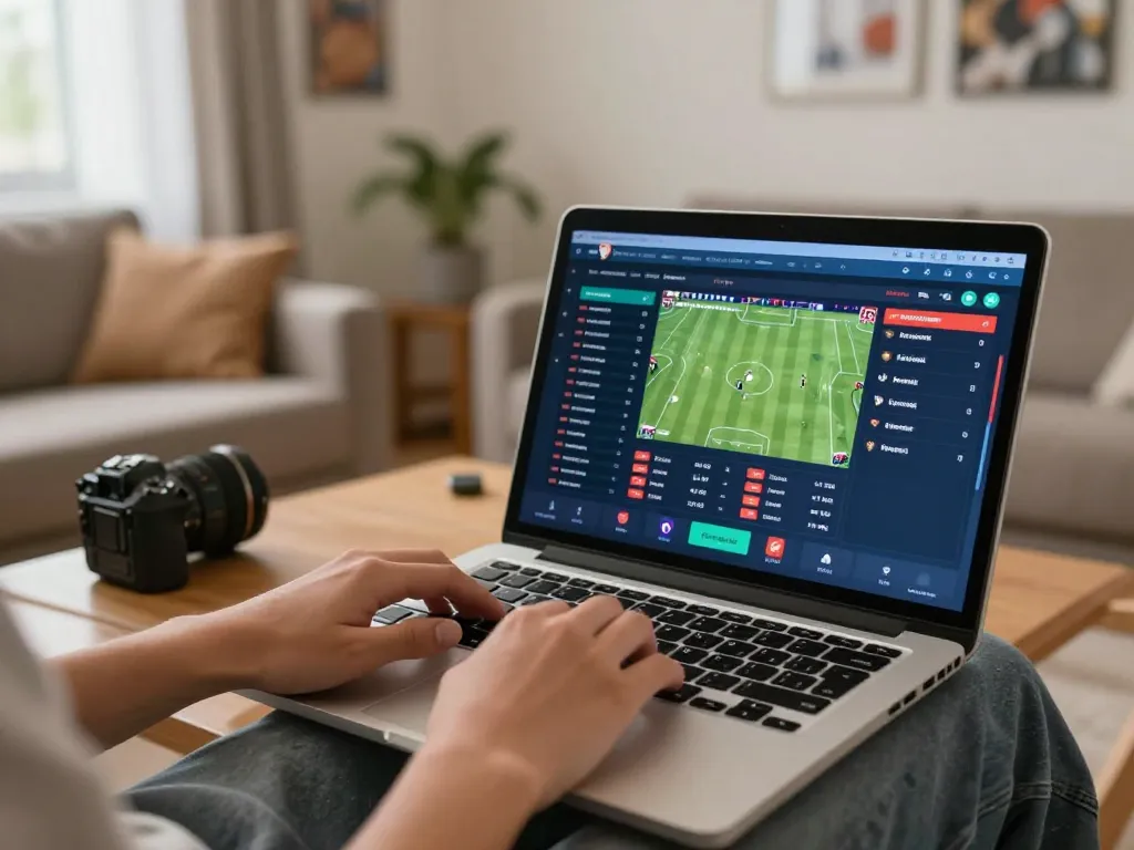 Engaging online sports betting scene showing tỷ lệ kèo nhà cái hôm nay on laptop screen