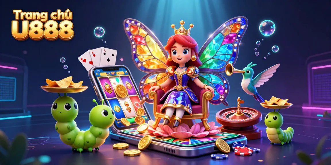 Engaging scene showcasing Trang chủ U888 with a butterfly queen, casino chips, and vibrant gaming elements.