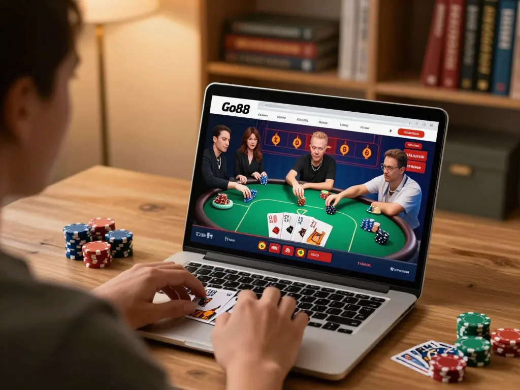 Engage in thrilling gameplay as you play Go88 at home with a vibrant poker session on the laptop.