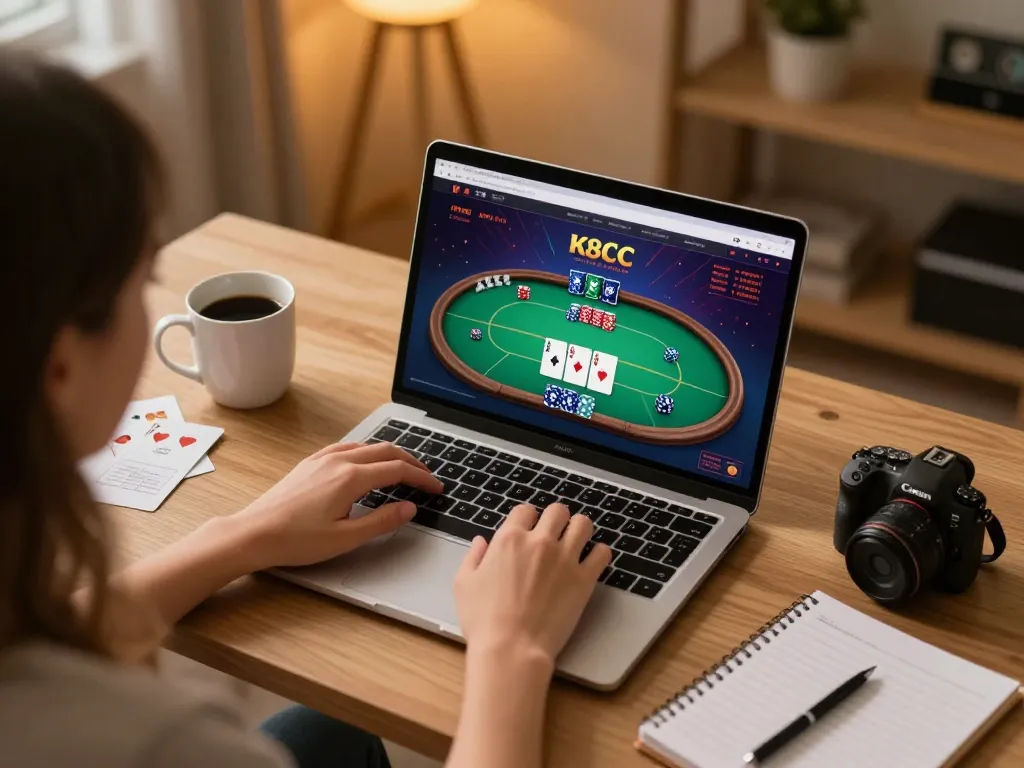 Player engaging in an online K8CC poker game from home, emphasizing excitement and strategy.