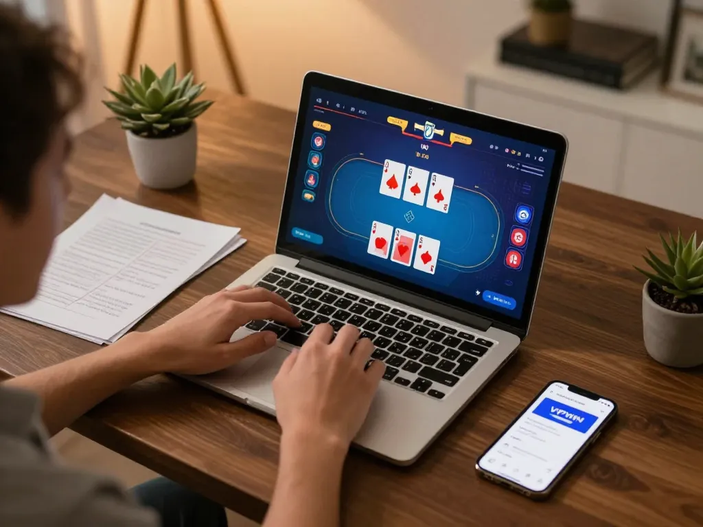 Engaging poker gameplay on VIPWIN app with strategic notes and laptop setup for responsible gambling.