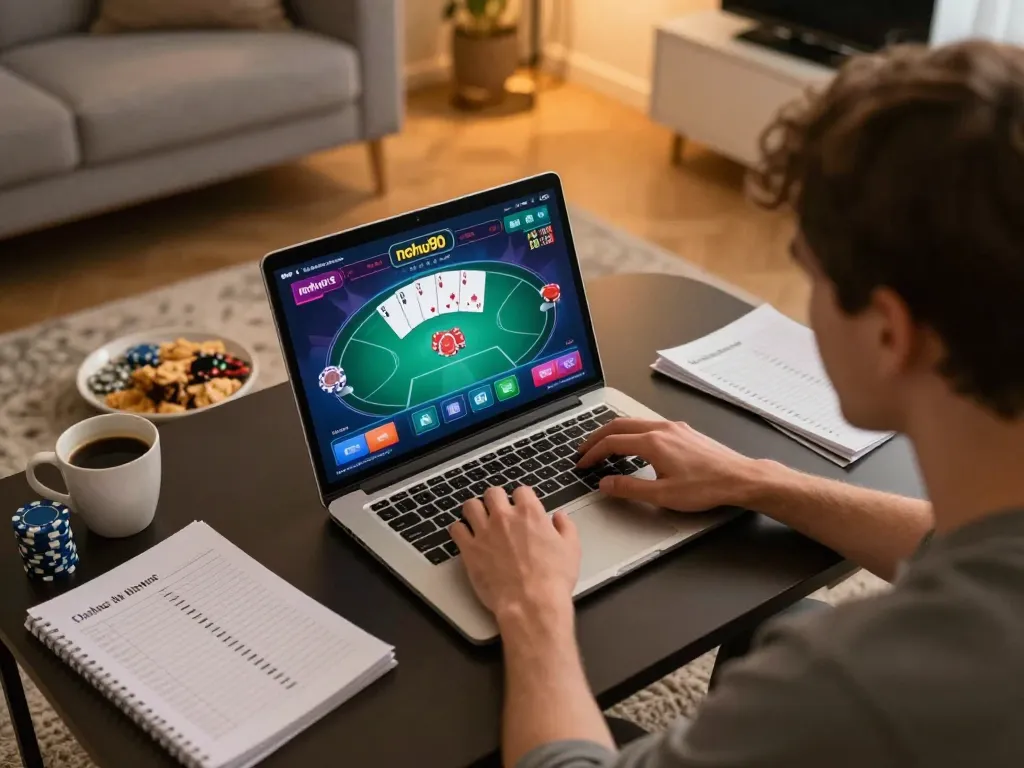 Engaging nohu90 poker gameplay at home with vibrant screen and cozy lighting atmosphere