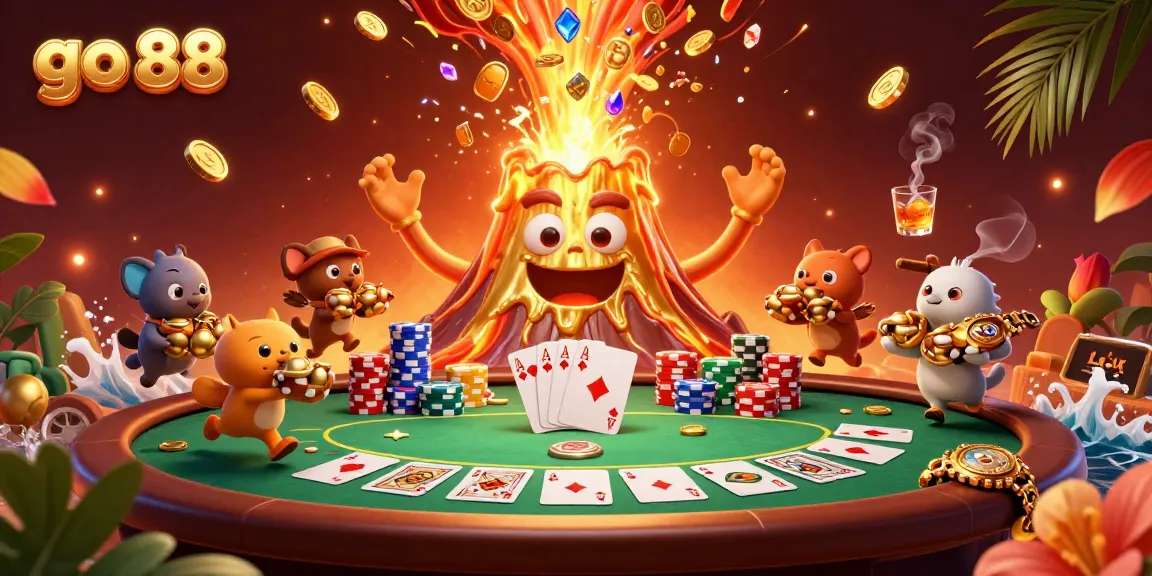 Experience the thrill of go 88 with a vibrant 3D illustration featuring a golden volcano, treasure-hunting animals, and poker elements.