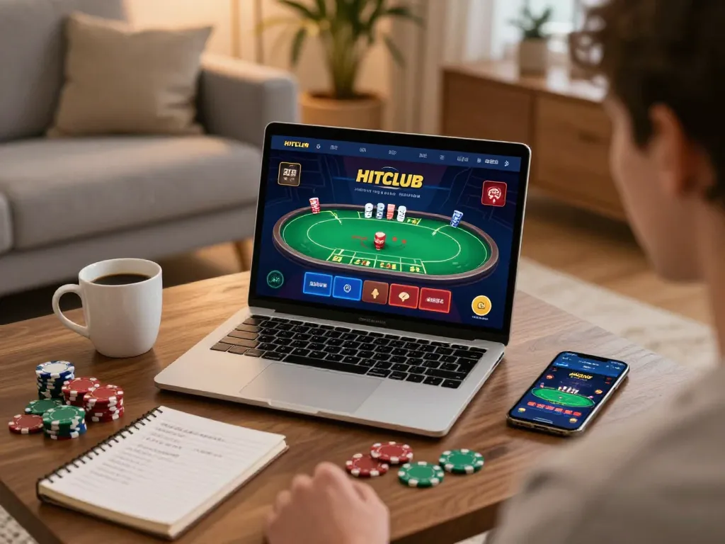 Engaging with Hitclub on a laptop for an immersive online casino experience in a cozy home.