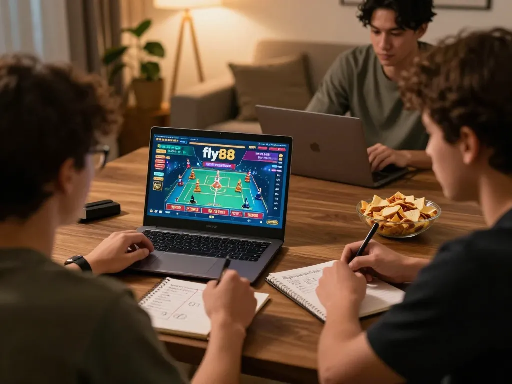 Player using fly88 on laptop while reviewing betting notes at home, showcasing responsible gaming.
