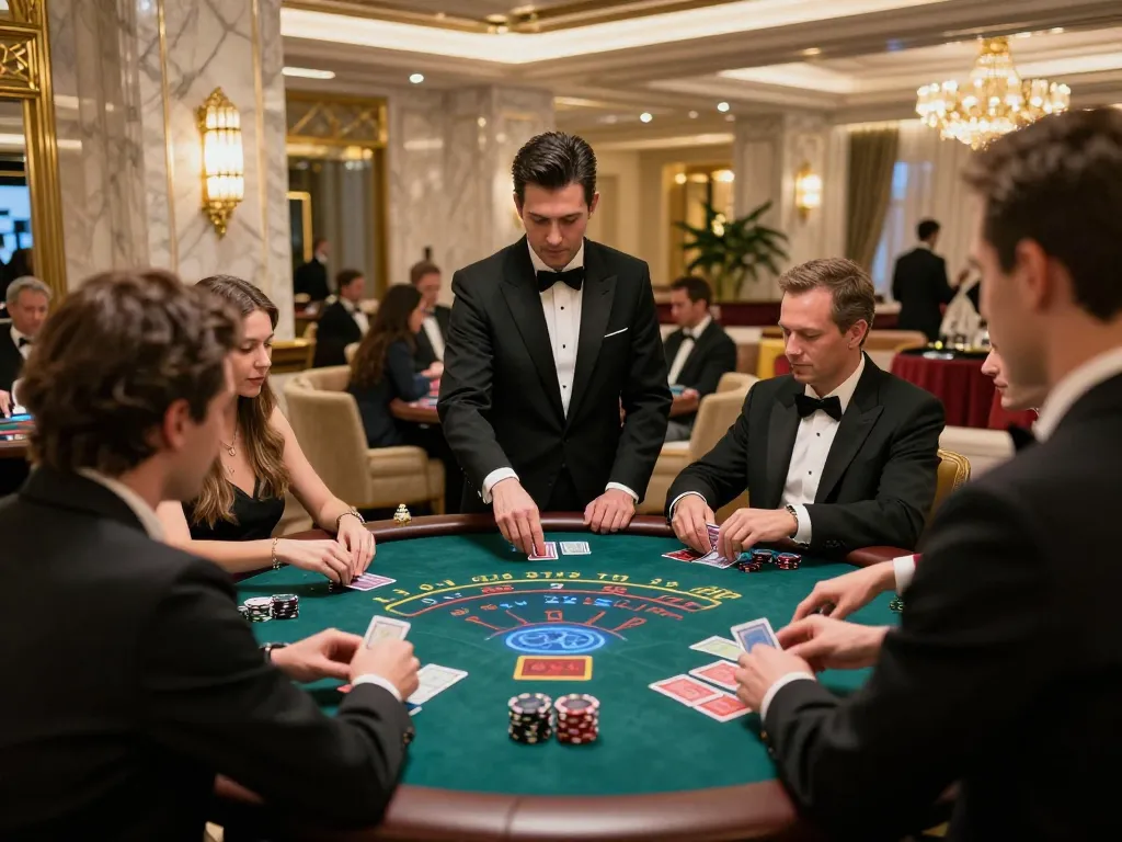 Players engaged in high-stakes blackjack at okking1 casino venue, showcasing excitement and upscale gaming.