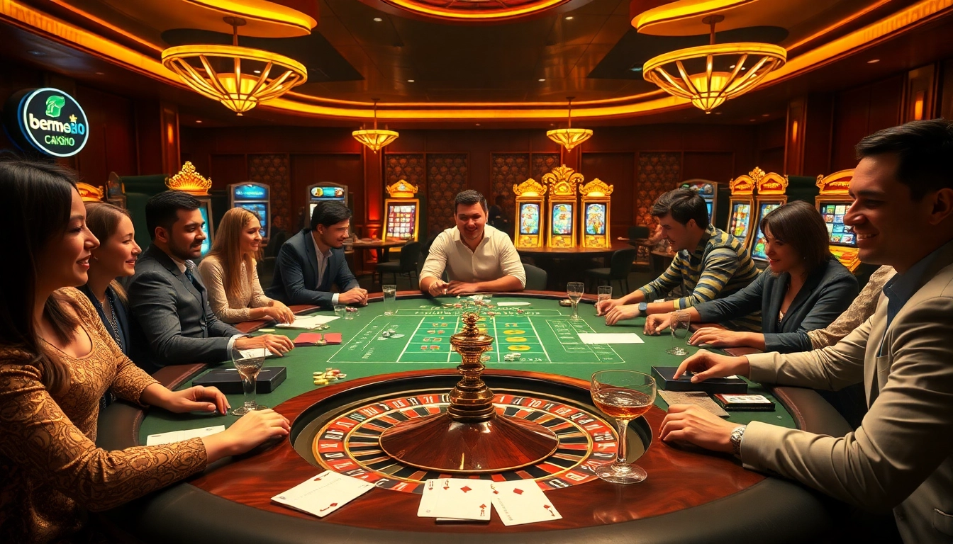 Poker players strategizing their bets at https://bem88.io/ on a luxurious casino night, surrounded by vibrant gaming elements.