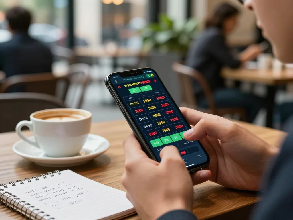 Engaging sports betting scene using nhandinhkeonhacai app on smartphone in a lively café.