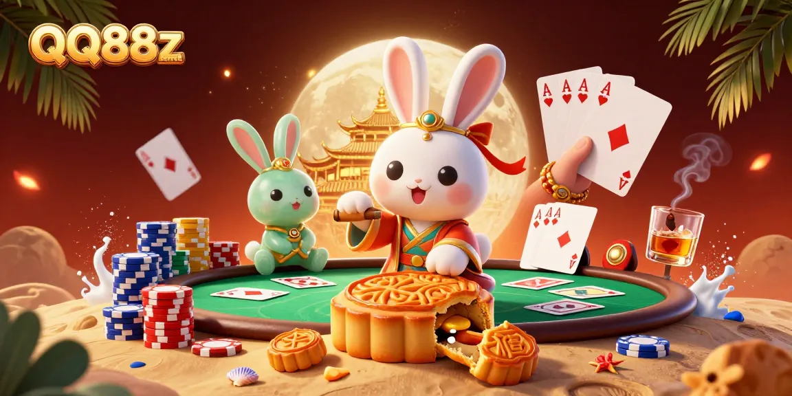 Engage with QQ88z net in this vibrant illustration featuring a moon rabbit at a festive poker scene.