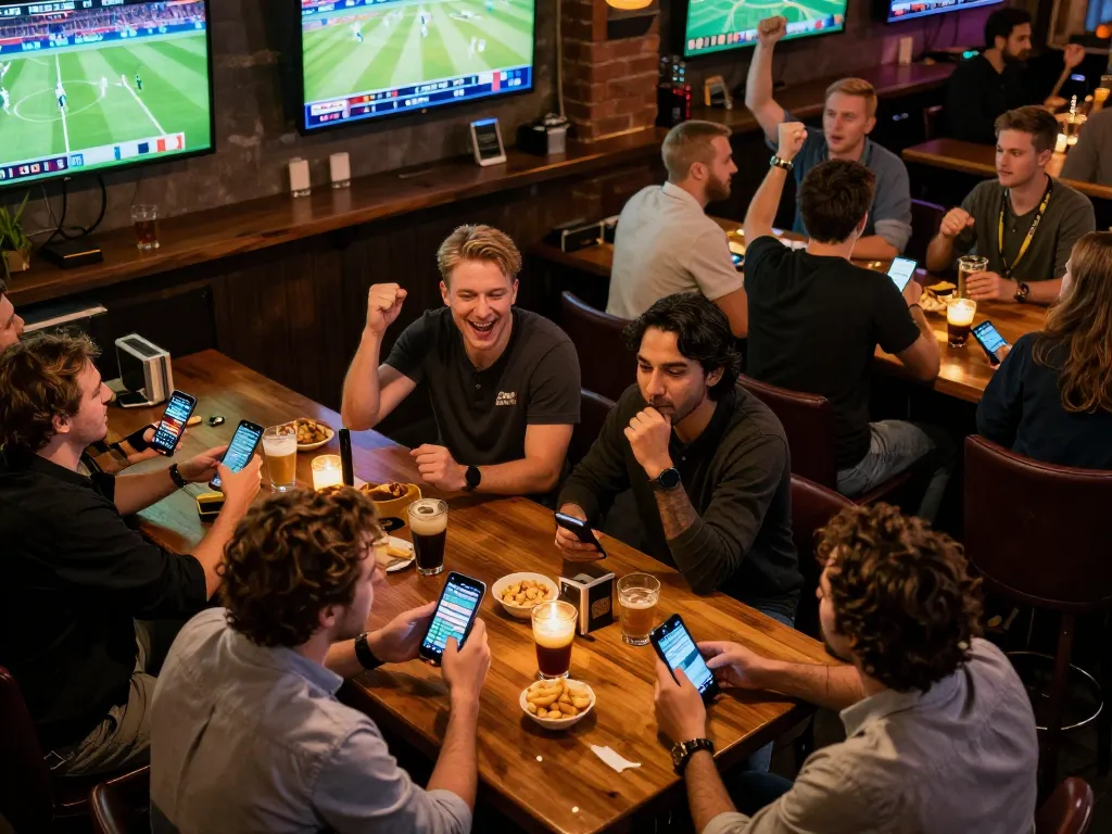 Fans engage in live sports betting at a lively bar, showcasing 78wingo excitement and camaraderie.