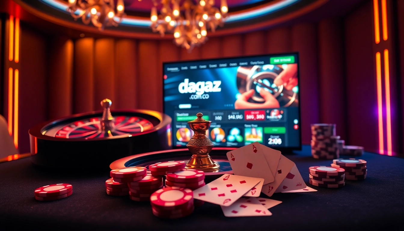 Engaging casino scene showcasing dagaz.com.co's vibrant gaming interface with roulette and poker elements.