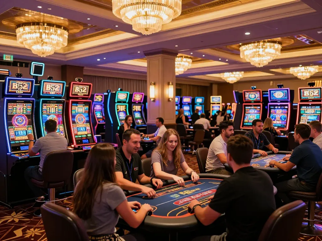 B52 Club players enjoying vibrant casino gameplay with lively interactions and slot machines.