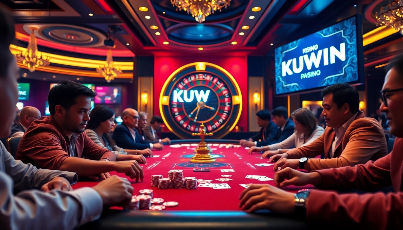 Players enjoying a thrilling poker game at a KUWIN-themed casino table with vibrant decor.