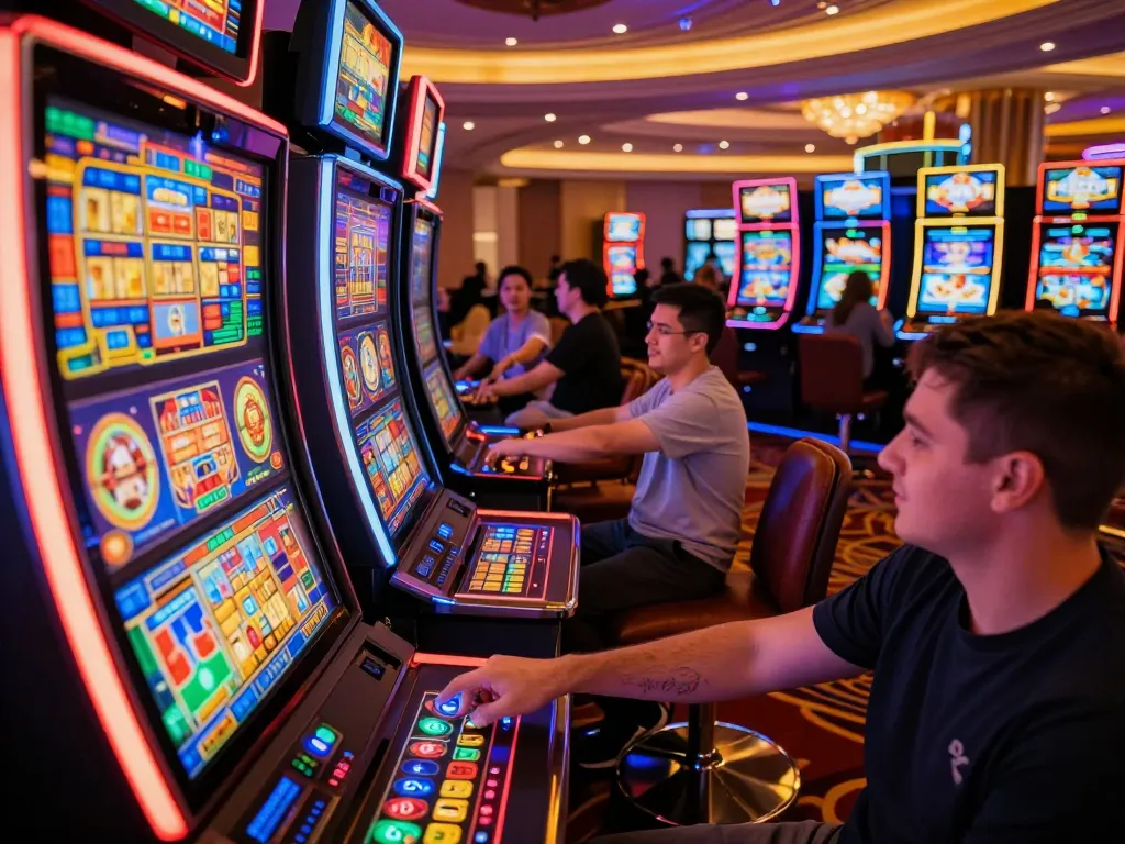 A thrilling slot machine experience at https://ee888.sa.com/ with players celebrating wins in a vibrant casino environment