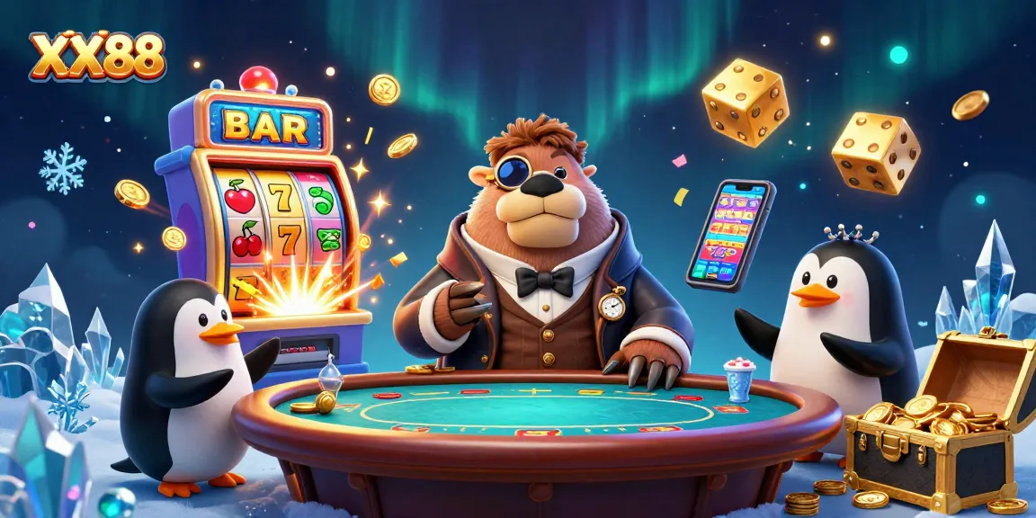 Experience thrilling gameplay at XX88 with cartoon characters enjoying poker and casino excitement.