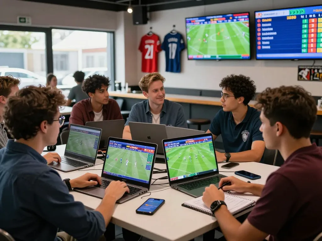 Enthusiastic bettors analyzing live football scores and statistics on Nowgoal during a vibrant sports event