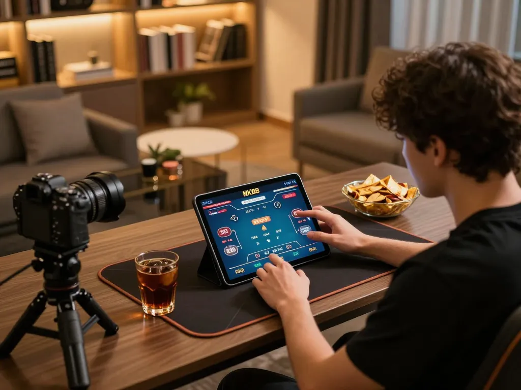Engaged player enjoying NK88 vin poker game on tablet in stylish home environment