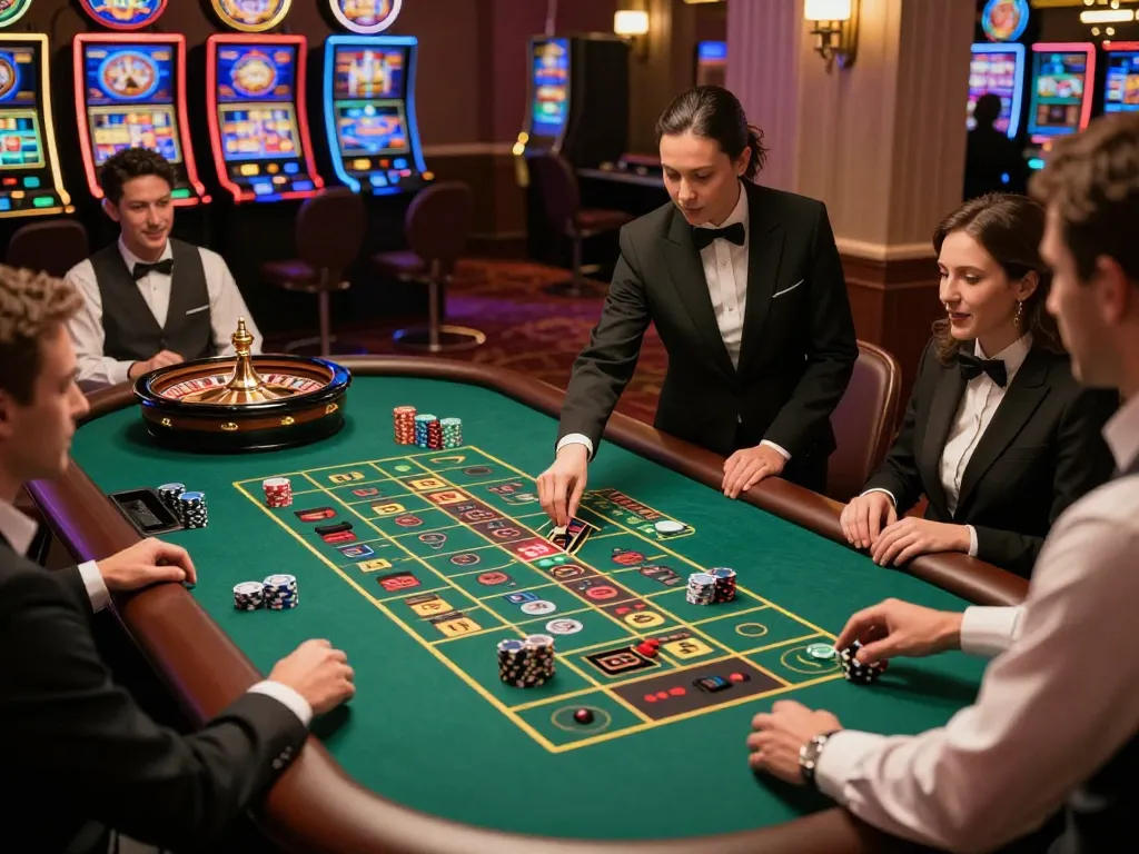 va88 players placing bets at an elegant roulette table in a vibrant casino atmosphere