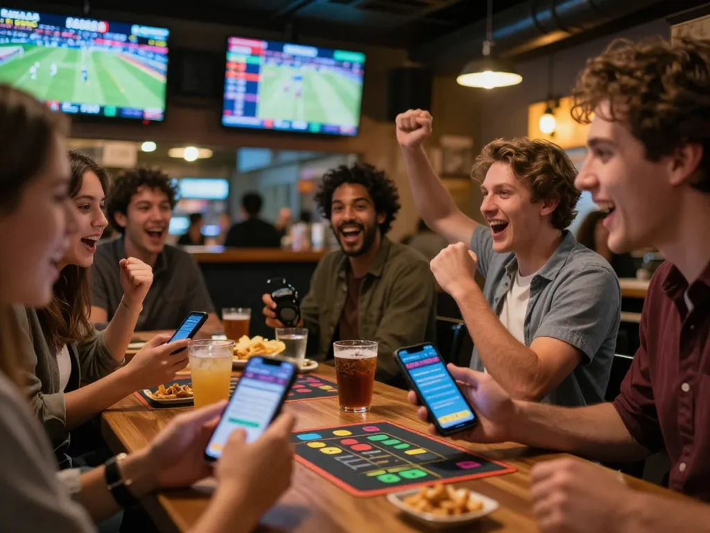 Engaging sports betting experience at a lively bar, capturing players analyzing odds on their mobile devices while cheering for their teams, keo-nha-cai-vn offers insights into live betting.