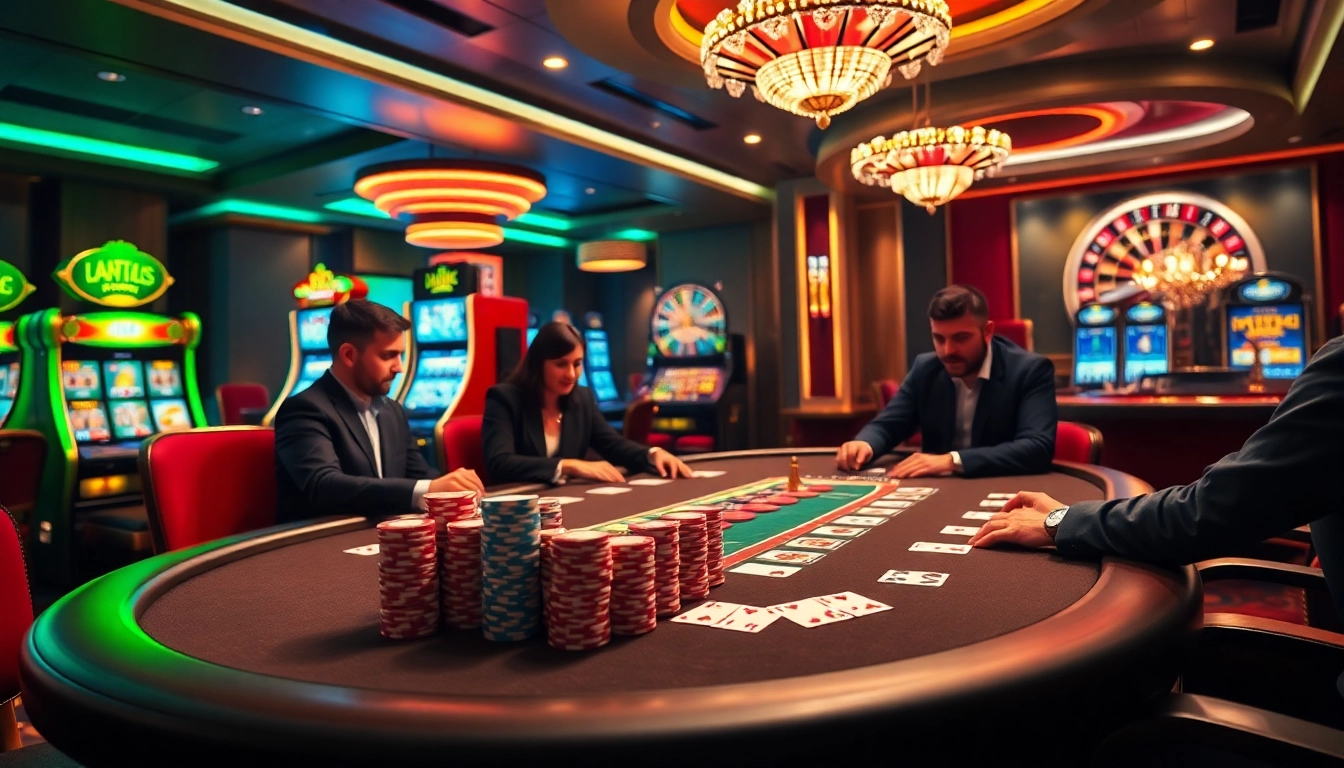 Intense poker game atmosphere at https://qq88z.net/ with colorful chips and cards on a luxurious table.