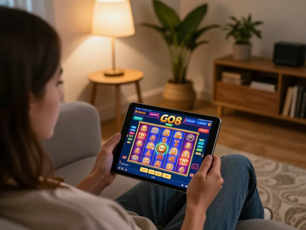 Player engaging with the GO8 casino app on a tablet in a cozy living room