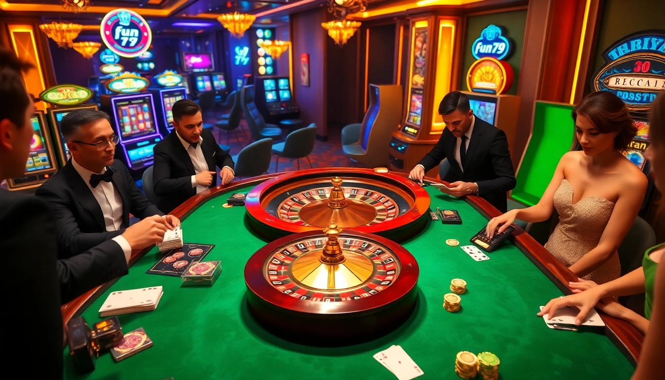 Excited players engaging in high-stakes betting at a luxurious casino, promoting fun 79 experiences.