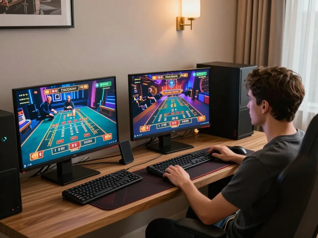 Engaging in strategic online gameplay with sin88 gaming interface on multiple screens, showcasing immersive betting experience