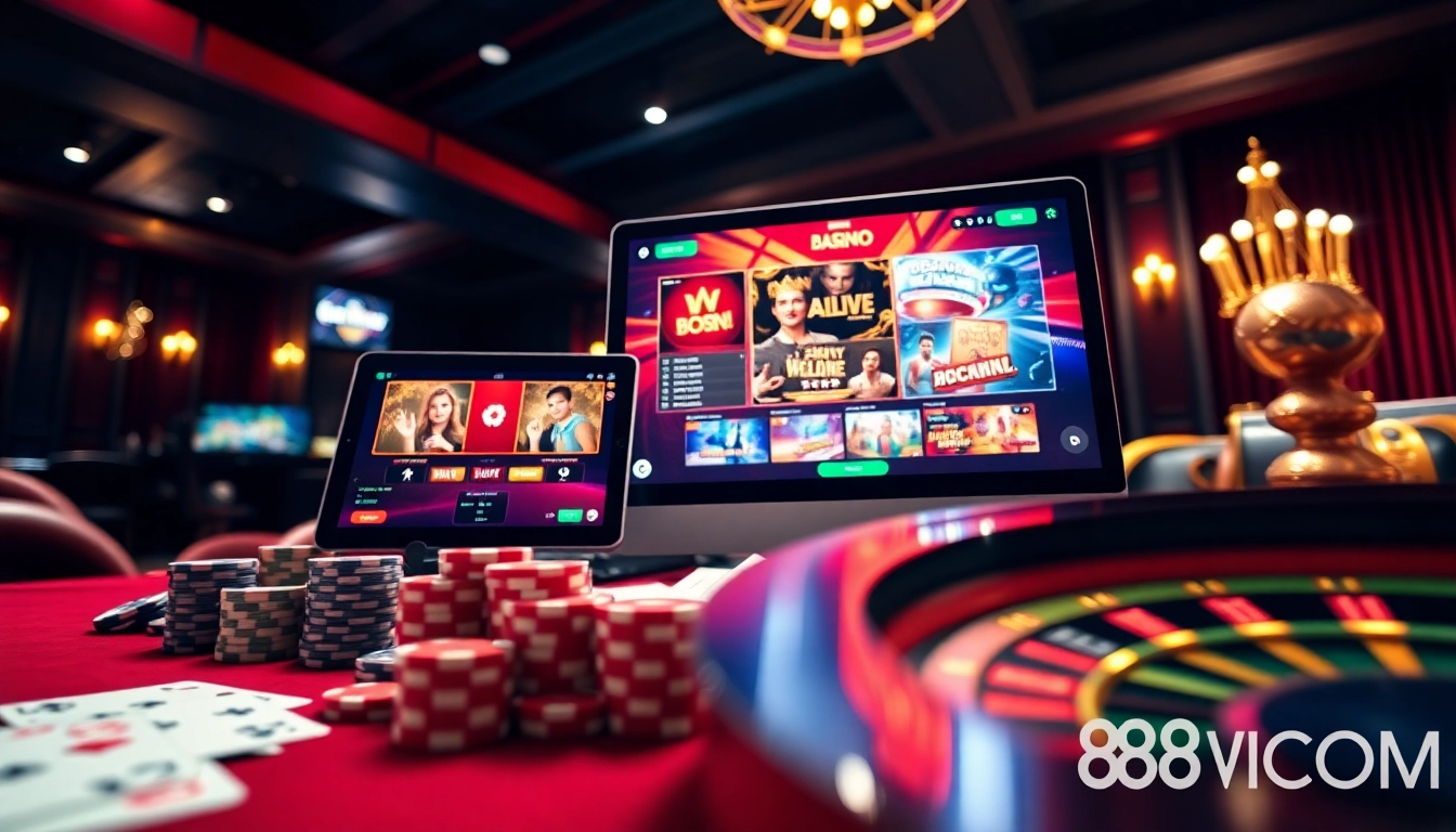 Gambling excitement at 888VI COM with online gaming interface, poker chips, and roulette wheel.
