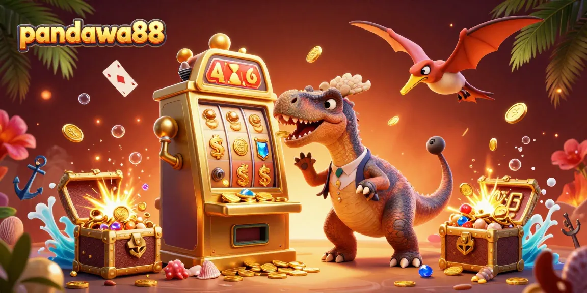 Pandawa88 showcases a pachycephalosaurus triggering a jackpot while a club-waving manager and swooping pteranodon collect coins.