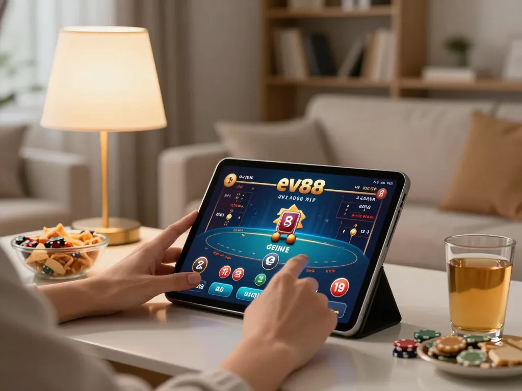 Engaging with Ev88 online casino on a tablet in a cozy home setting, showcasing strategic gameplay.