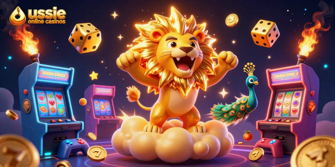 Play and win at aussie online casinos featuring a roaring sun lion and vibrant gaming elements.